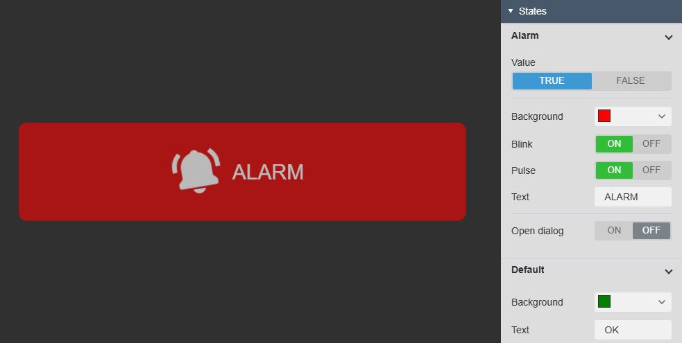 A wide Alarm Sound+ symbol in the blinking red ALARM state with a ringing bell, bound to a Boolean demo value, next to the Alarm settings with Value TRUE selected and the Default group with only Background and Text