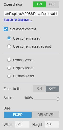 Alarm Sound+ Open dialog settings: Open dialog on, a display link, Search for Displays, Set asset context with Use current asset, Use current asset as root, Symbol Asset, Display Asset and Custom Asset, Zoom to fit, Scale 100 percent and Size Fixed with width 640 and height 480