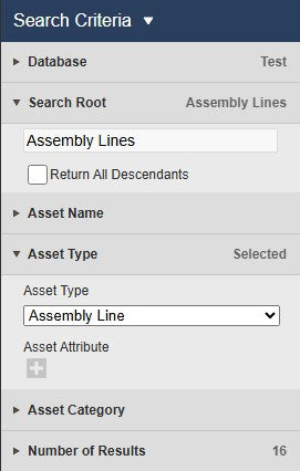 PI Vision Search Criteria settings for Asset Time Series Chart+ with database Test, search root Assembly Lines with Return All Descendants, asset name, asset type Assembly Line and number of results