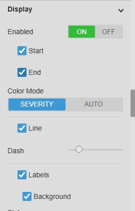 Combo Chart+ Events settings with Display enabled, Start and End lines, Color Mode severity or auto, Line, Dash and Labels