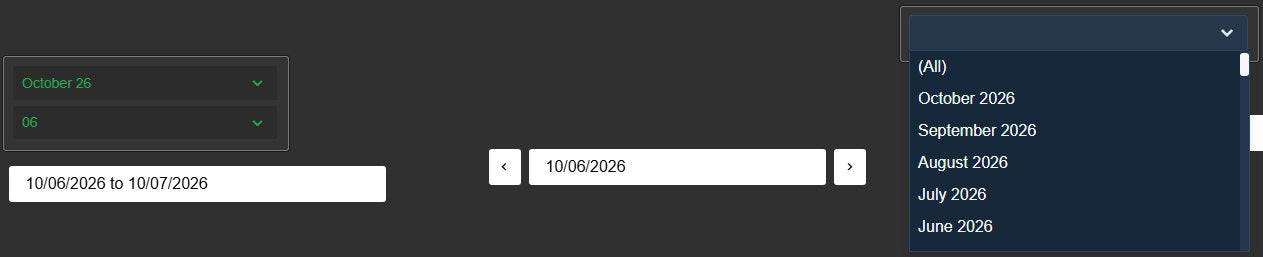 Four DateTime Picker+ symbols on the same range: a grouped dropdown with October 26 and day 06, a date range input showing 10/06/2026 to 10/07/2026, a single-date input with previous and next arrows showing 10/06/2026, and an open month dropdown with an All item above October to June 2026