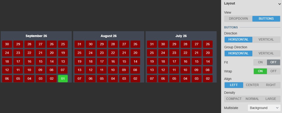 DateTime Picker+ with day buttons grouped by month for July, August and September 2026, each coloured by the multi-state of its data source, one day green and the others red, next to the Layout settings with View Buttons, Direction, Group Direction, Fit, Wrap, Align, Density and Multistate Background