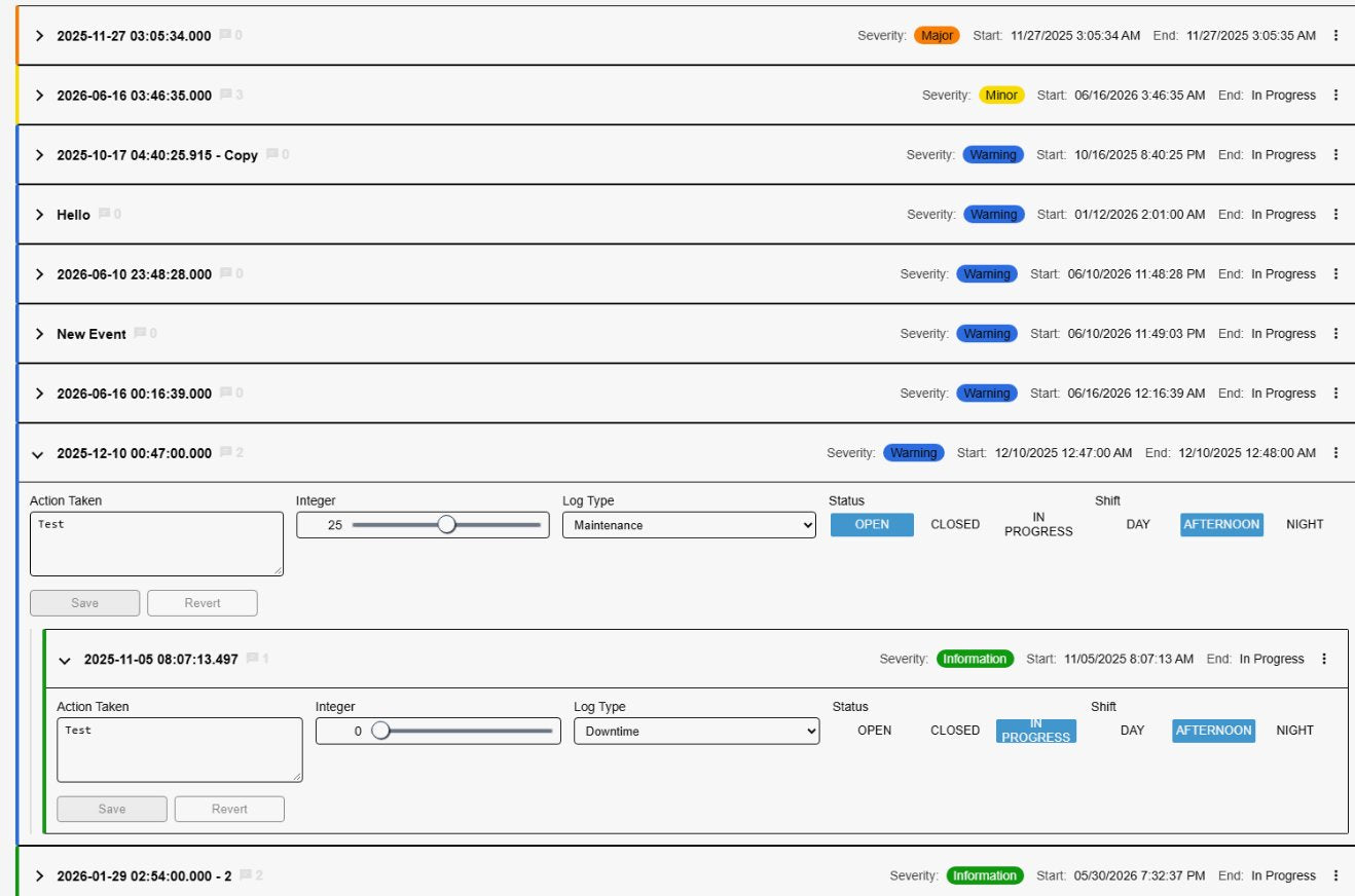 Event Frame Form+ with several collapsed event cards showing the event name, a comment count, a severity badge, start and end time and a coloured severity edge, and one expanded card with its fields and an expanded child event card inside it