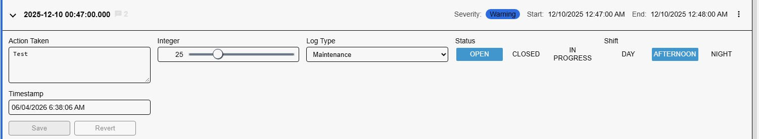 An expanded Event Frame Form+ card with a text area, an integer slider, a log type dropdown, status and shift button groups and a date and time field, with Save and Revert disabled