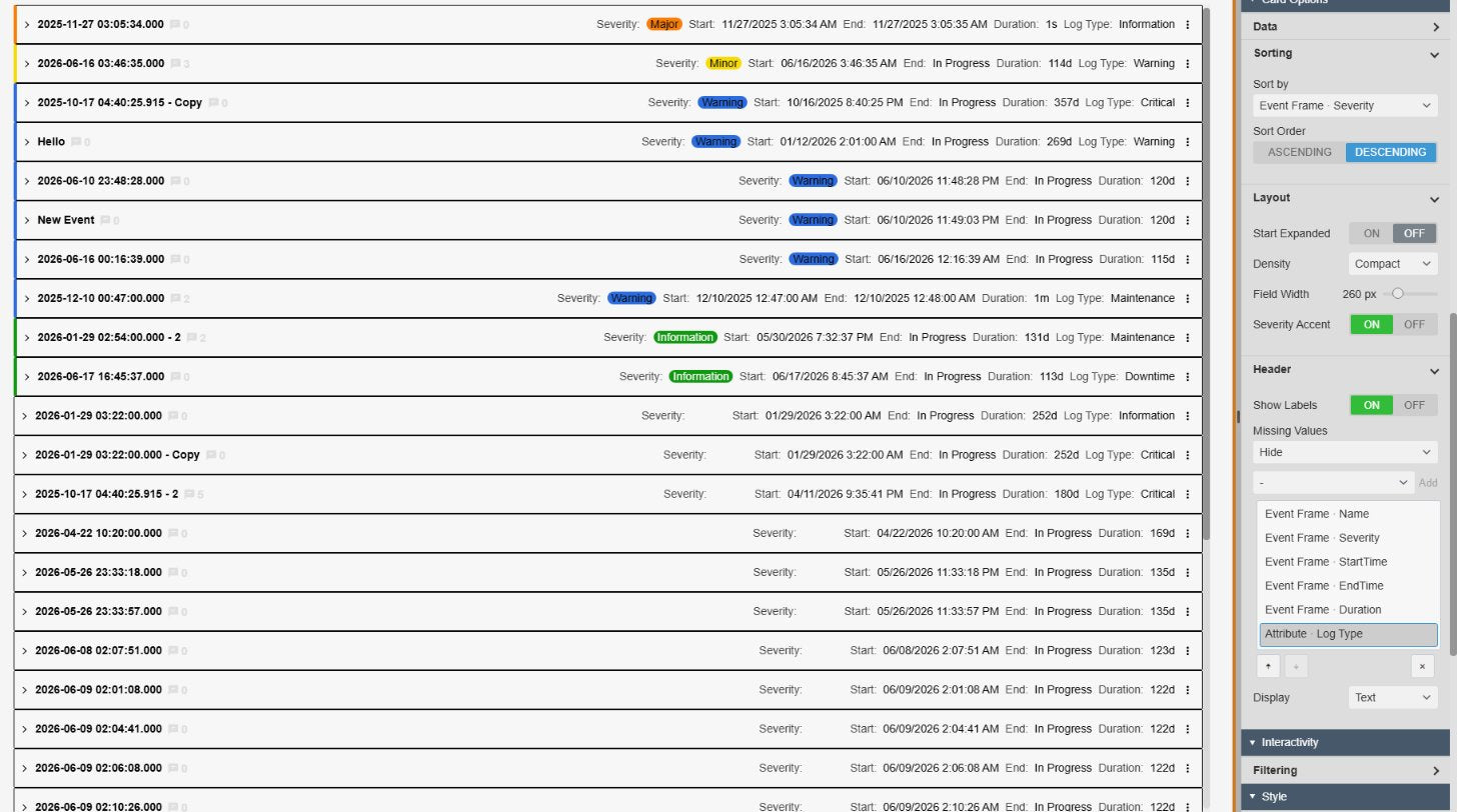 Event Frame Form+ at compact density with many collapsed cards whose headers show severity, start and end time, duration and log type, next to the Card Options settings with Sorting, Layout and the Header field list