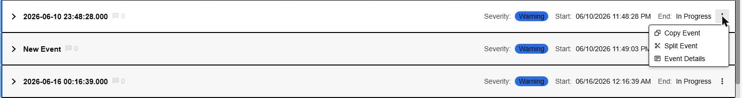 Event Frame Form+ event cards with the open action menu of one card listing Copy Event, Split Event and Event Details
