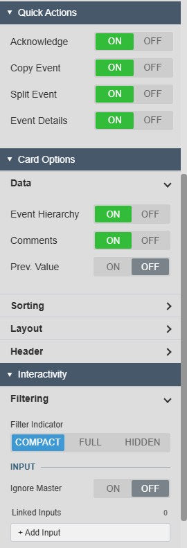 Event Frame Form+ settings with the Quick Actions Acknowledge, Copy Event, Split Event and Event Details, the Card Options Data group with Event Hierarchy, Comments and Prev. Value, and the Filtering input with Filter Indicator, Ignore Master and Linked Inputs