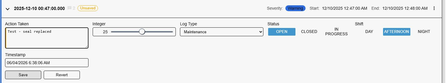 An Event Frame Form+ card with an edited text field outlined, an Unsaved badge next to the event name and the Save and Revert buttons enabled