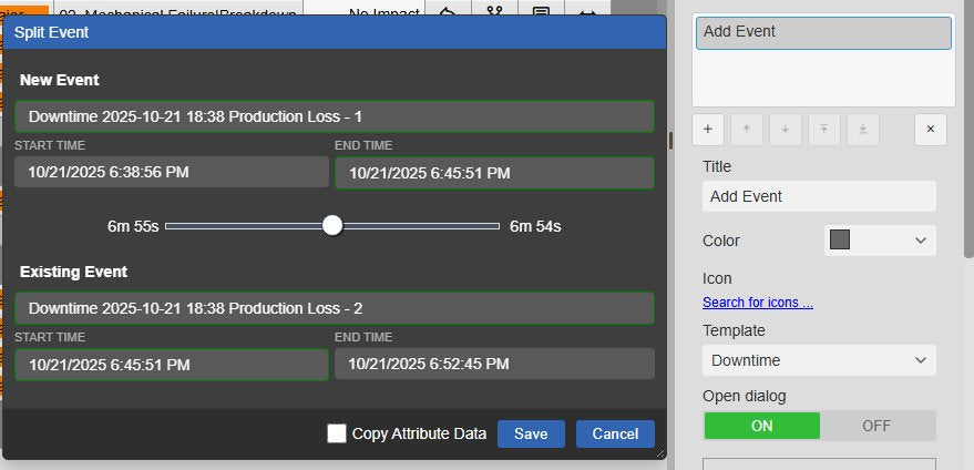 The Events Table+ Split Event dialog with the new and the existing event, their start and end times and the split slider at the middle of a 13-minute downtime, Copy Attribute Data, Save and Cancel, next to the Creation settings with an Add Event button, its title, colour, icon, Downtime template and Open dialog