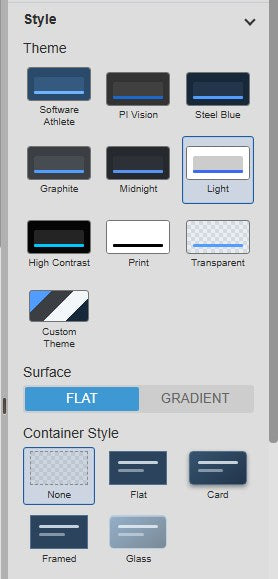 Histogram+ Style settings with ten theme tiles, surface and container style options