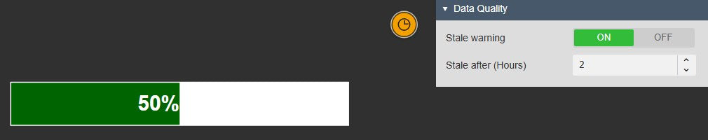 A horizontal Linear Gauge+ bar with the amber stale clock above it, next to the Data Quality settings with Stale warning on and Stale after 2 hours