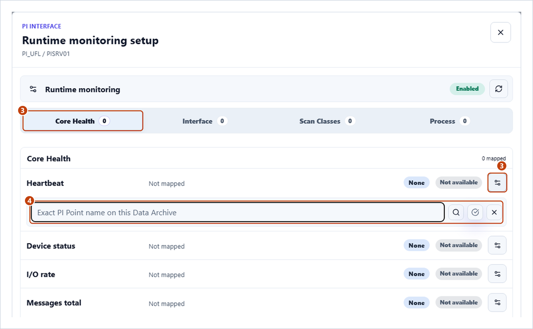 Runtime monitoring setup dialog with the Core Health tab and the PI Point field of Heartbeat