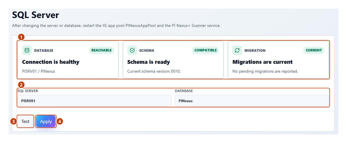 Admin > SQL Server with the status cards, the connection fields and the Test and Apply buttons