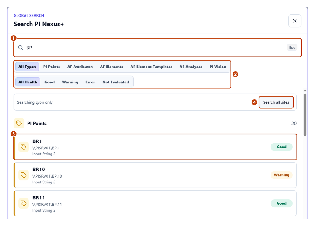 Search dialog with the search box, the type and health chips, Searching Lyon only with Search all sites, and a result
