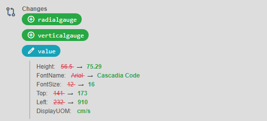 Change details showing two added gauge symbols and a modified value symbol with old and new height, font, font size and position