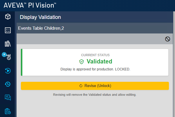 Display Validation pane showing a validated, locked display with the Revise (Unlock) button