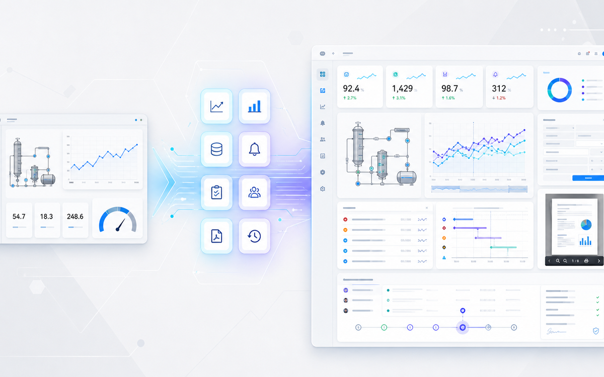 Native AVEVA PI Vision dashboard evolving into a Vision Suite Ultimate operational workspace with data entry, Event Frame analysis, reporting, and governance