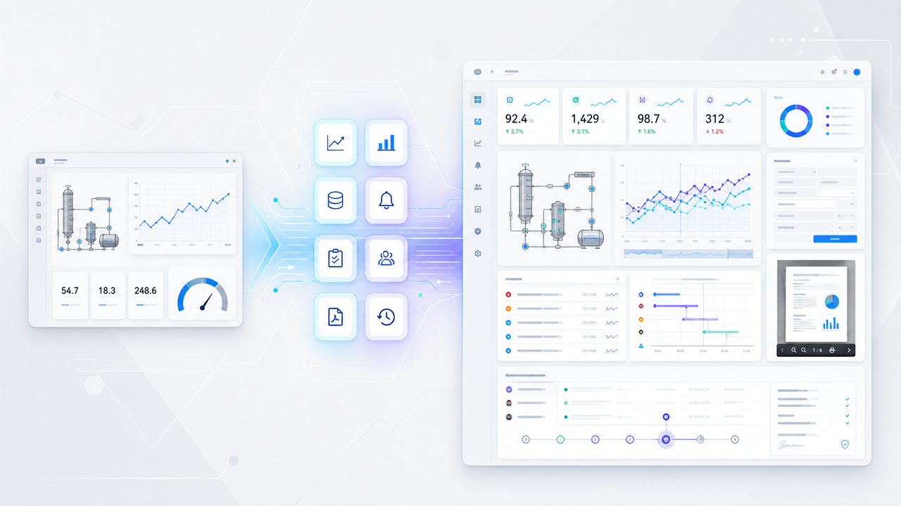 Native AVEVA PI Vision dashboard evolving into a Vision Suite Ultimate operational workspace with data entry, Event Frame analysis, reporting, and governance