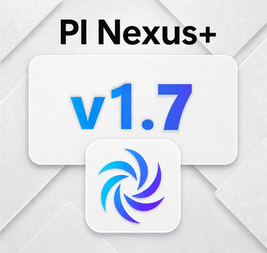 PI Nexus+ v1.7 release thumbnail with the PI Nexus+ app mark on a light geometric background.