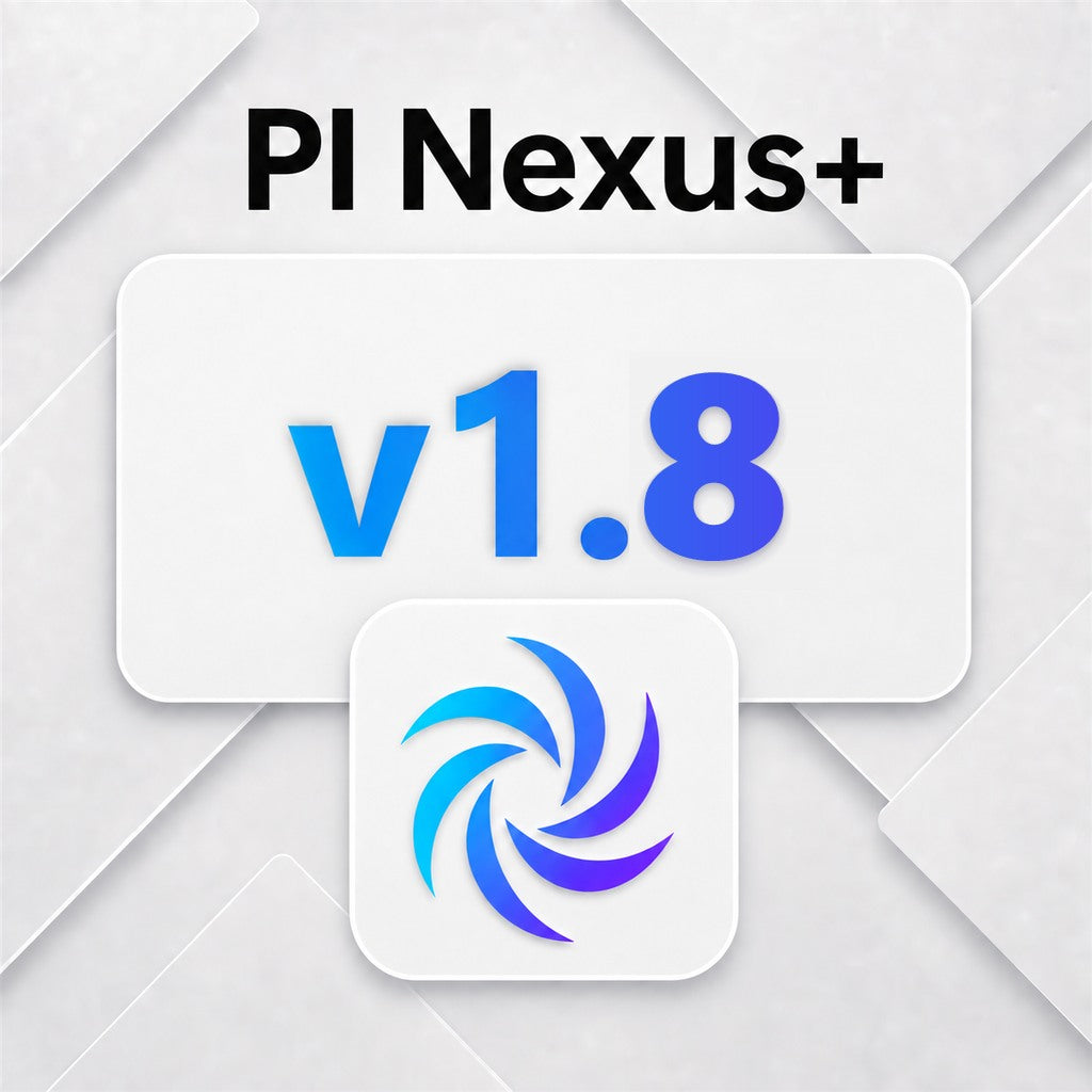 PI Nexus+ v1.8 release thumbnail with the PI Nexus+ app mark on a light geometric background.