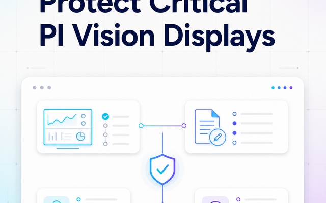 PI Vision display protection workflow with change history, checkpoint, shield, lock, and rollback symbols