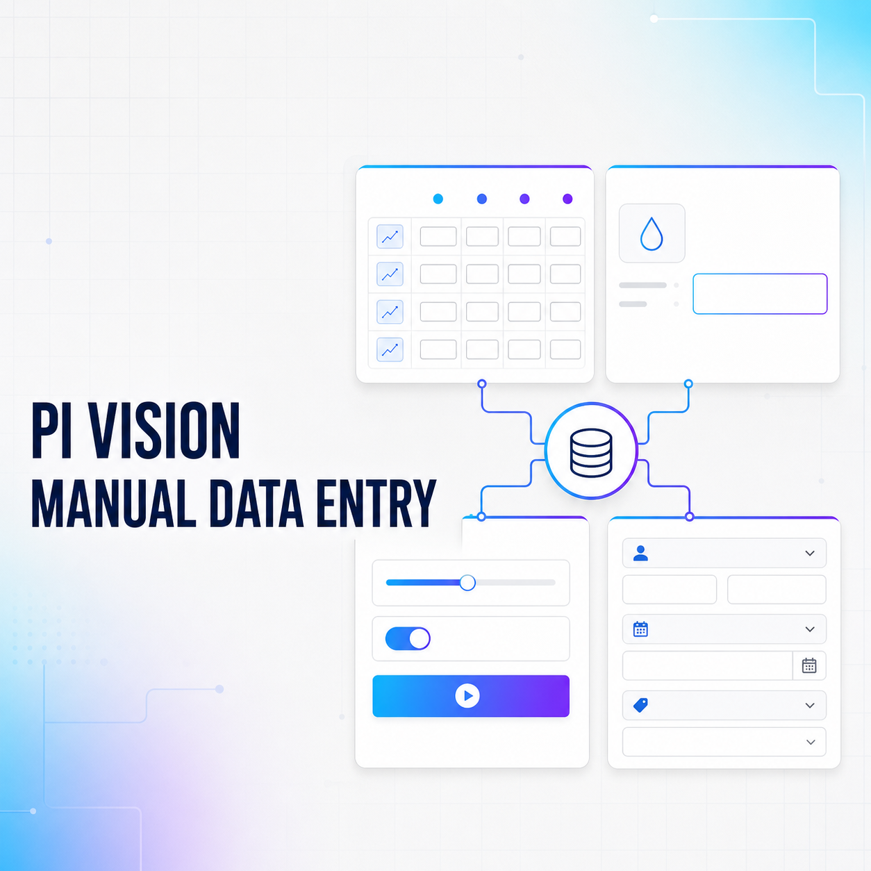PI Vision manual data-entry controls showing a table, focused form, Quick Input controls, and Manual Input Form+ workflow