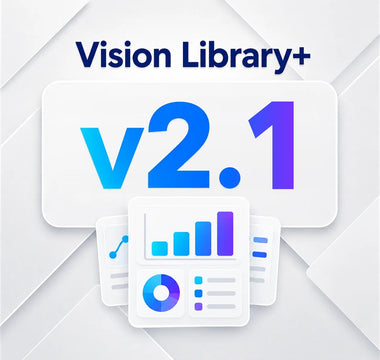 Vision Library+ v2.1 release thumbnail with a chart and table illustration on a light geometric background.