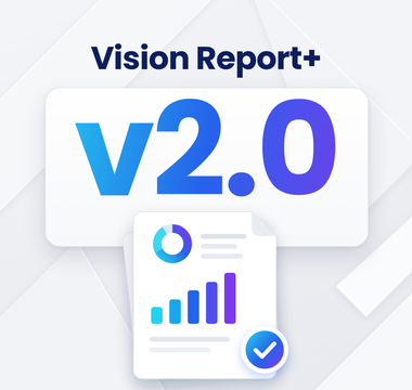 Vision Report+ v2.0 release thumbnail with a report document illustration on a light geometric background.