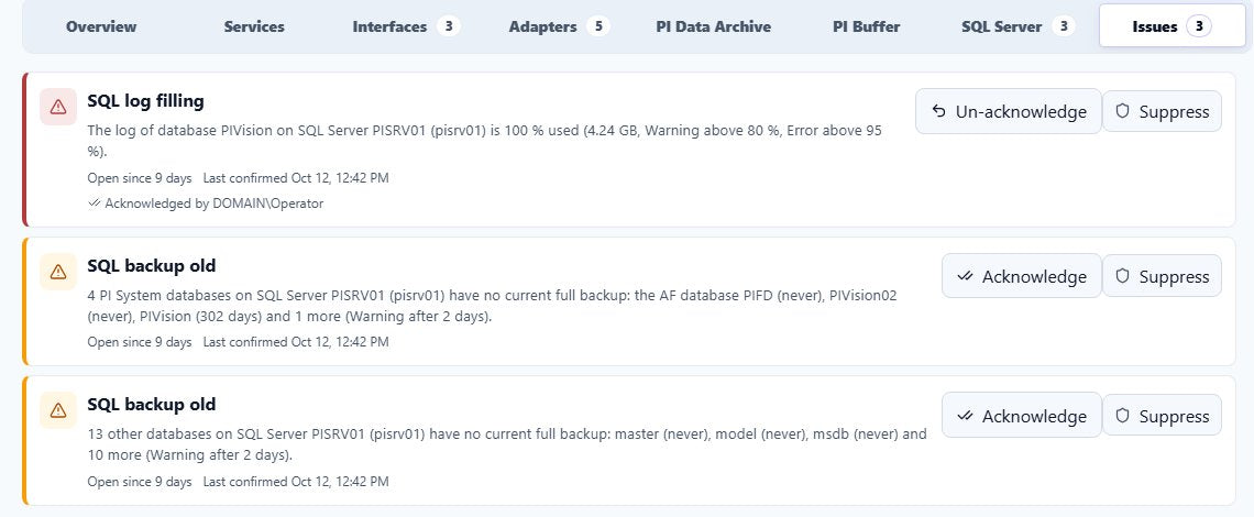 PI Nexus+ host Issues tab with an SQL log filling issue acknowledged by DOMAIN Operator with Un-acknowledge and Suppress buttons, and two SQL backup old issues with Acknowledge and Suppress buttons