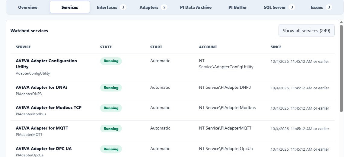 PI Nexus+ Services tab listing watched AVEVA adapter services, PI AF Application Service, PI Analysis Service, PI Archive Subsystem and PI Backup Subsystem, all Running with Automatic start