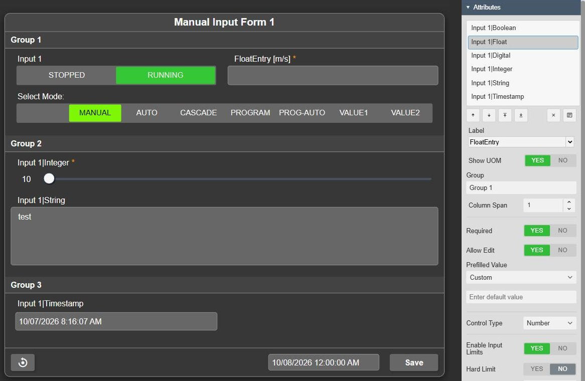 Manual Input Form+ in AVEVA PI Vision: a form in three groups with Stopped and Running buttons for a Boolean value, a required numeric field with its unit, operating modes as state buttons, a required slider, a multi-line text field and a date-time field, the reset button, save timestamp and Save button in the toolbar, next to the Attributes settings of the numeric field with Label, Show UOM, Group, Column Span, Required, Allow Edit, Prefilled Value, Control Type and input limits