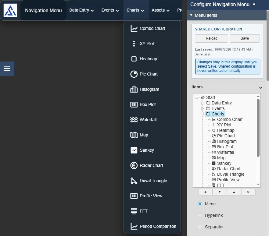 Navigation Menu+ in AVEVA PI Vision: a horizontal menu bar with a company logo, the current display title and the menus Data Entry, Events, Charts and Assets, with the Charts dropdown open, next to the configuration pane with Shared Configuration, the menu item tree and the item type