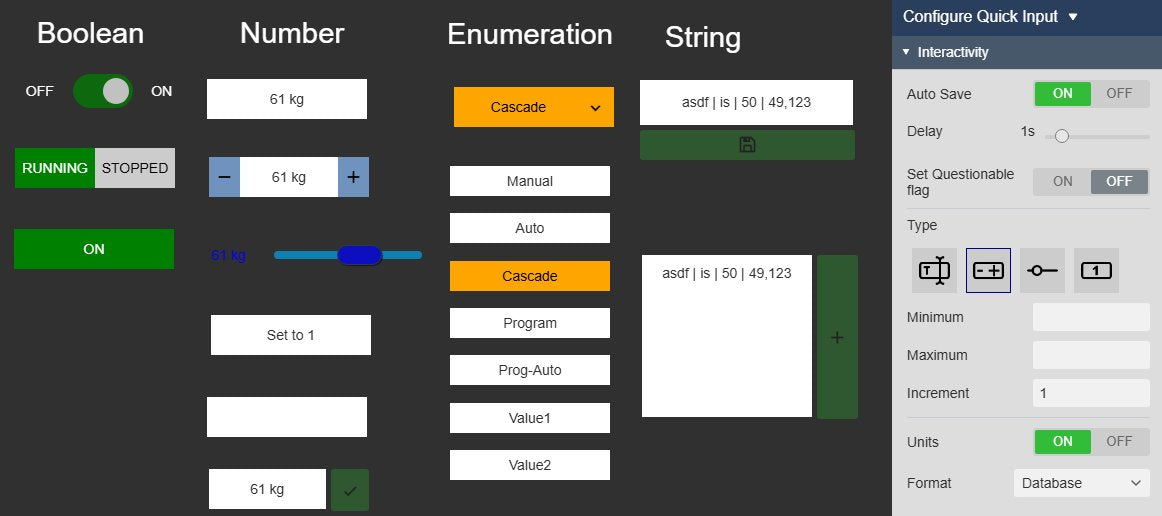 Quick Input+ in AVEVA PI Vision: input controls grouped by data type, with a switch, a segmented button and a toggle button for on/off values; an input field, a step input, a slider, a value button and an input field with an Apply button for numbers; a dropdown and a list of operating modes; and two text fields with save buttons, next to the Interactivity settings of the step input with Auto Save, Delay, Set Questionable flag, Minimum, Maximum, Increment, Units and Format