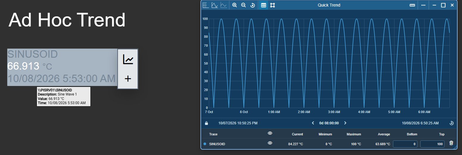 Value+ in AVEVA PI Vision: a hovered value with its tooltip showing the tag path, description, value and time, the Quick Trend and Add to active Quick Trend buttons, and the floating Quick Trend chart of the tag with its summary table
