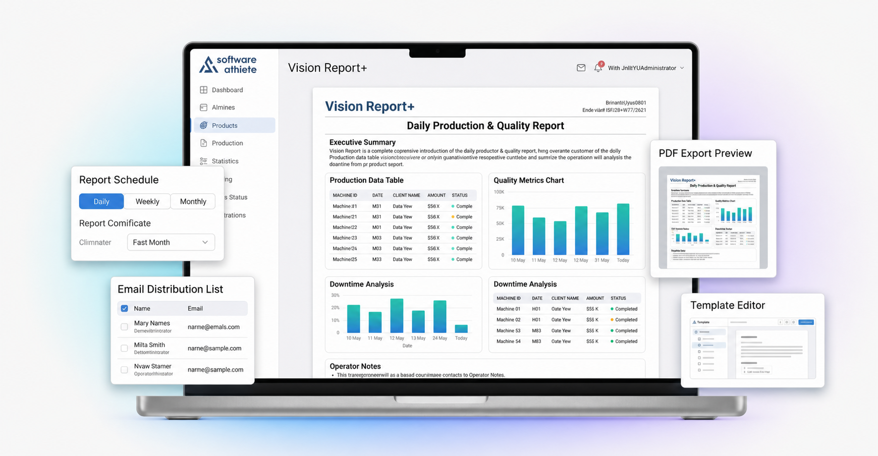 Vision Report+ illustration of report scheduling, PDFs and email delivery