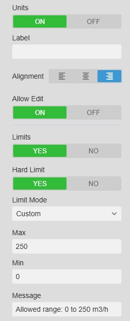 Asset Comparison Table+ Attributes settings in Edit mode with Units, Label, Alignment, Allow Edit on, Limits on, Hard Limit on, Limit Mode Custom, Max 250, Min 0 and the message Allowed range: 0 to 250 m3/h