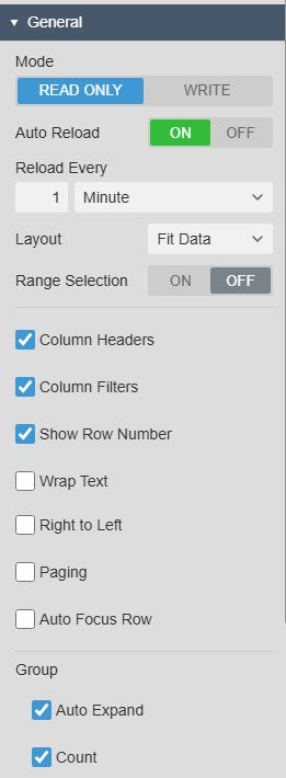 AF Table+ General settings with Mode Read Only or Write, Auto Reload with Reload Every 1 minute, Layout Fit Data, Range Selection, Column Headers, Column Filters, Show Row Number, Wrap Text, Right to Left, Paging, Auto Focus Row and the Group options Auto Expand and Count