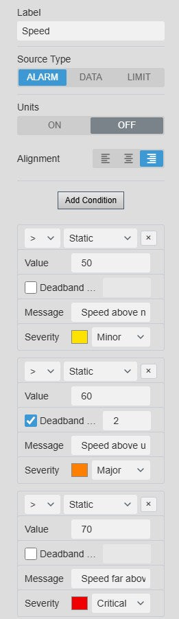 Alarm Table+ Attributes settings for Speed with Label, Source Type Alarm, Units, Alignment, Add Condition and three conditions: greater than 50 with severity Minor, greater than 60 with a 2 per cent deadband and severity Major, and greater than 70 with severity Critical, each with its own message