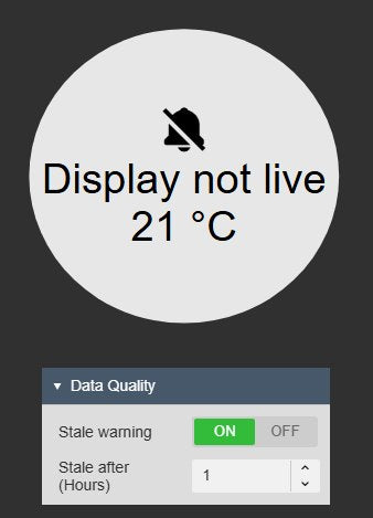 An Alarm Sound+ symbol in grey with a muted bell and the text Display not live and 21 °C, shown when the display time range is not live, above the Data Quality settings with Stale warning on and Stale after 1 hour