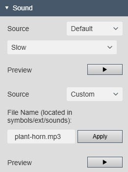 Alarm Sound+ Sound settings: Source Default with the built-in sound Slow and the Preview play button, and below it Source Custom with the file name box, located in symbols/ext/sounds, an example file name and the Apply button