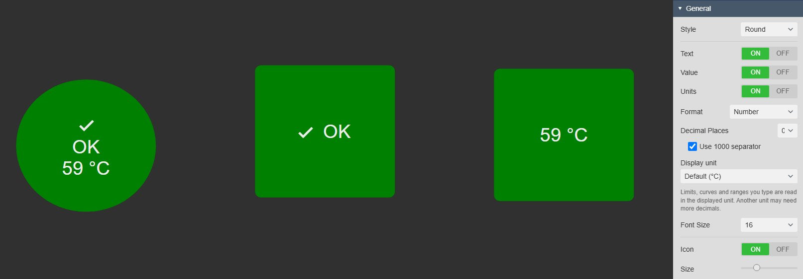 Three Alarm Sound+ symbols in the green OK state: round with check mark, text and value, square with check mark and text, and square with only the value 59 °C, next to the General settings with Style, Text, Value, Units, Format, Decimal Places, Display unit, Font Size, Icon and Size