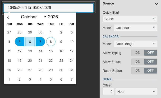 DateTime Picker+ in Calendar mode with Date Range: the calendar pop-up shows 5 to 7 October 2026 highlighted and today circled, next to the Calendar settings with Mode Date Range, Allow Typing, Allow Future, Reset Button and Offset