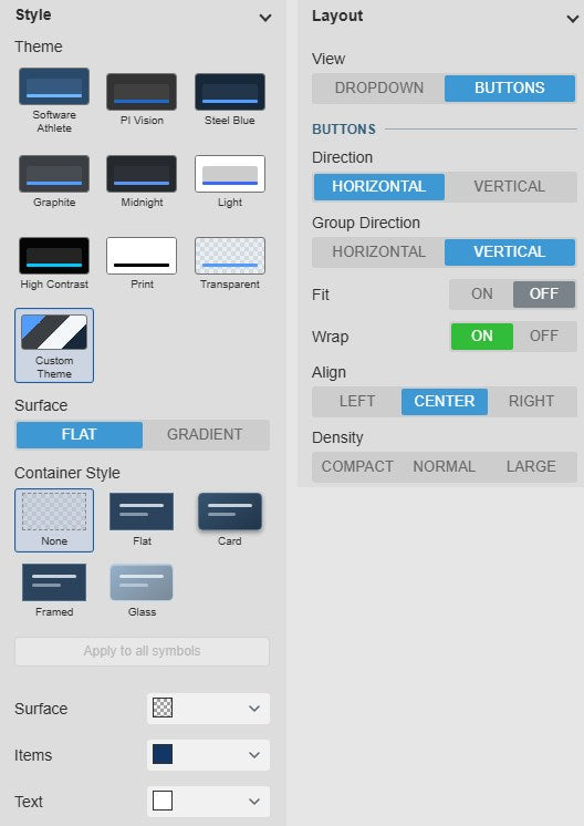 DateTime Picker+ Style settings with the theme grid, Surface Flat or Gradient, the container styles and custom colours, next to the Layout settings with View Buttons, Direction, Group Direction, Fit, Wrap, Align and Density