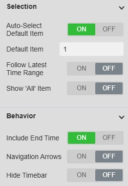 DateTime Picker+ Selection and Behavior settings with Auto-Select Default Item on, Default Item 1, Follow Latest Time Range, Show All Item, Include End Time on, Navigation Arrows and Hide Timebar