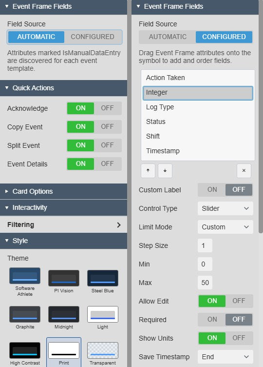 Two views of the Event Frame Fields settings of Event Frame Form+: Field Source Automatic with its hint, and Field Source Configured with the field list and the options of one field: Custom Label, Control Type, Limit Mode, Step Size, Min, Max, Allow Edit, Required, Show Units and Save Timestamp