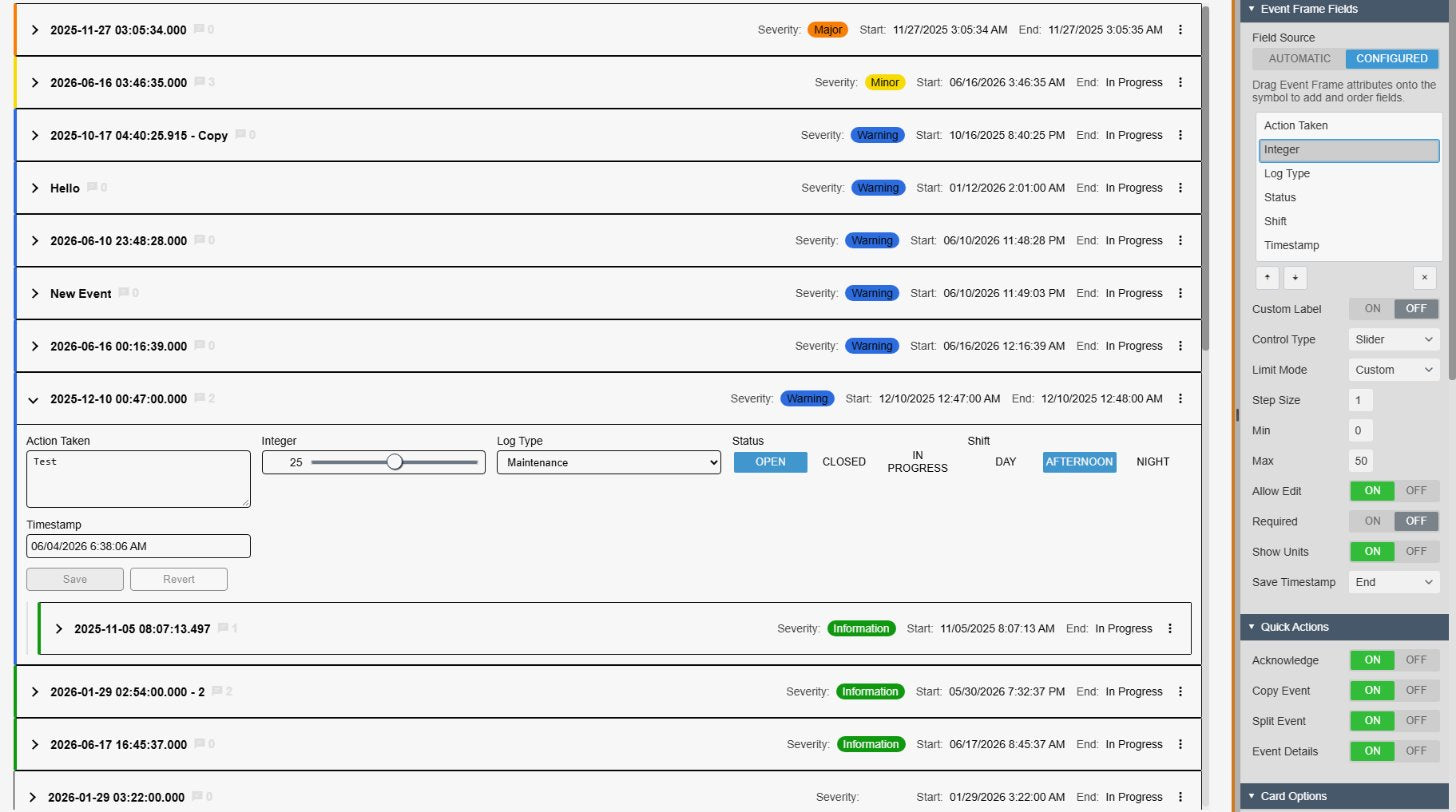 Event Frame Form+ in PI Vision with a list of event cards sorted by severity; one expanded card shows an action text area, an integer slider, a log type dropdown and status and shift button groups with Save and Revert, and a child event card sits inside it. Next to the cards are the Event Frame Fields settings with Field Source Configured and the field options