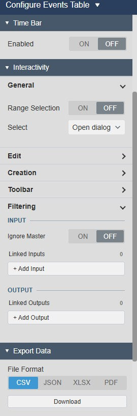 Events Table+ settings with the Time Bar switch, the Interactivity General options Range Selection and Select, the Filtering inputs and outputs, and the Export Data file formats CSV, JSON, XLSX and PDF
