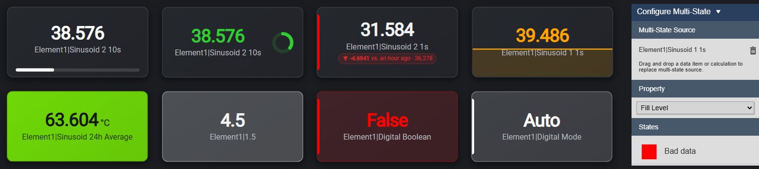 Eight KPI Card+ cards with different multi-state treatments: progress bar, radial progress ring, border, fill level, solid fill, soft fill and accent and tint on two digital states, next to the multi-state settings with Property Fill Level