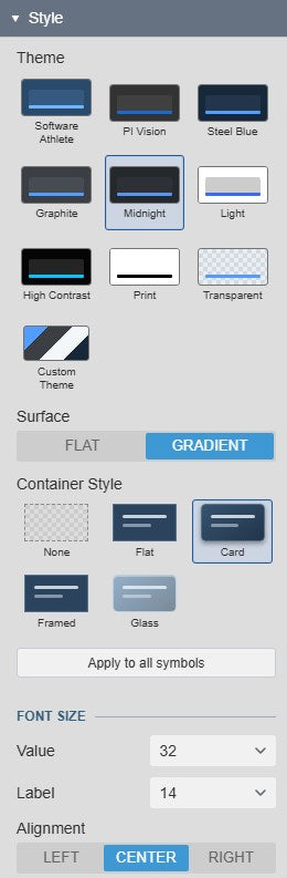 KPI Card+ Style settings with the theme grid from Software Athlete to Custom Theme, Surface Flat or Gradient, the container styles None, Flat, Card, Framed and Glass, the font sizes for value and label and the alignment