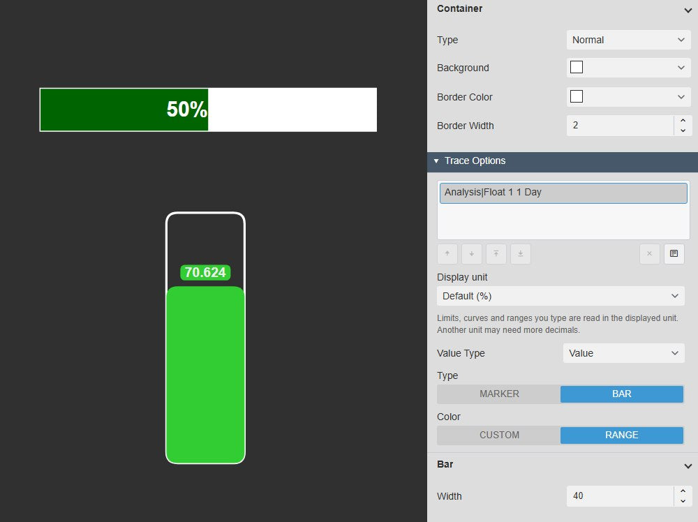 Two Linear Gauge+ bars in PI Vision, a horizontal bar in a Normal container and a vertical bar in a Rounded container with a value label, next to the Container settings and the Trace Options with the type set to Bar and the bar width